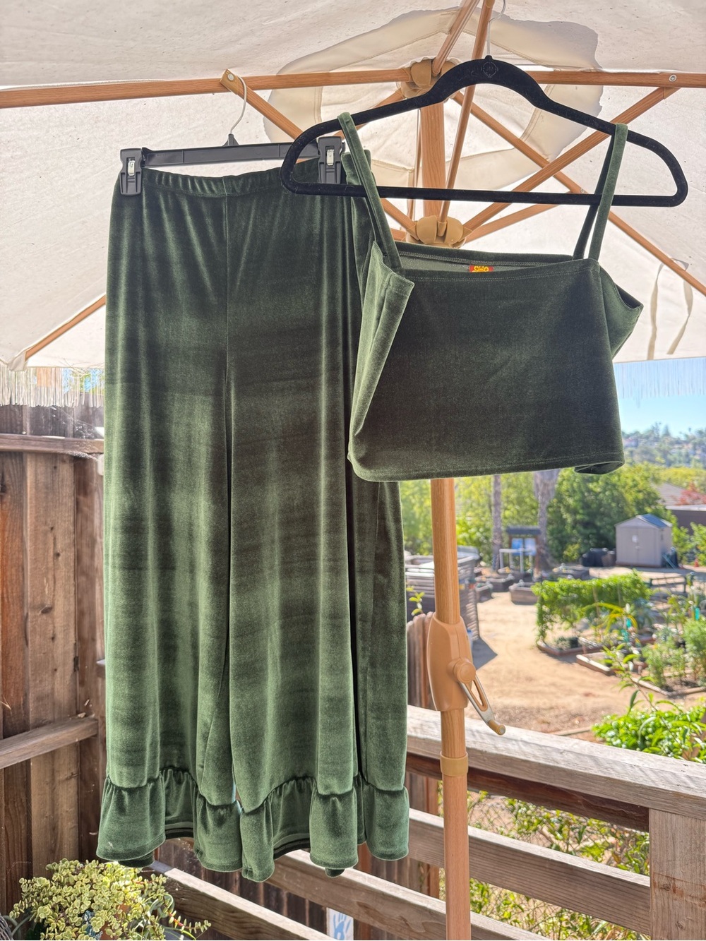 Olive Green Velvet Crop Top & Ruffle-Hem Skirt Set
